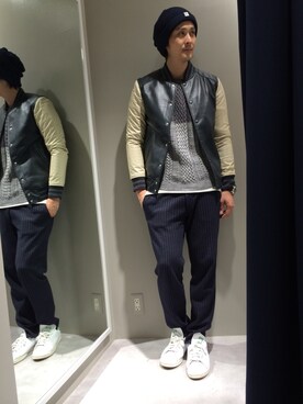 「L.H.P（エルエイチピー）のアイテム（スタジャン）」を使った、SHINYA KASHIWAGIさん（メンズ・177cm）の冬コーディネート
