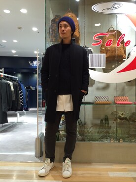 「L.H.P（エルエイチピー）のアイテム（チェスターコート）」を使った、SHINYA KASHIWAGIさん（メンズ・177cm）の冬コーディネート