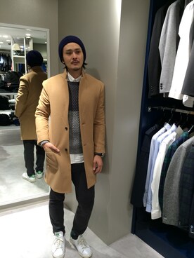 「L.H.P（エルエイチピー）のアイテム（チェスターコート）」を使った、SHINYA KASHIWAGIさん（メンズ・177cm）の冬コーディネート