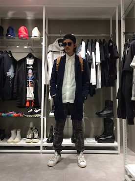 「L.H.P（エルエイチピー）のアイテム（チェスターコート）」を使った、SHINYA KASHIWAGIさん（メンズ・177cm）の冬コーディネート