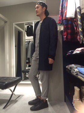 「DANKE SCHON（ダンケシェーン）のアイテム（ミリタリージャケット）」を使った、SHINYA KASHIWAGIさん（メンズ・177cm）の秋コーディネート