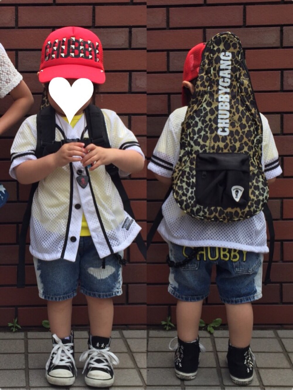 「chubbygang、chubby、CHUBBY GANG、男の子、男の子コーデ、男の子ファッション」｜「CHUBBYGANGのスタッズ×ロゴ　メッシュキャップ（キャップ、レッド系）」を使った、kurukanaさん（キッズ・90cm）の夏コーディネートの1枚目の写真