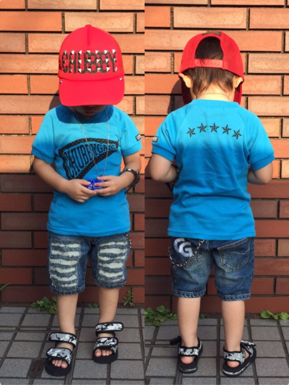 「chubbygang、chubby、CHUBBY GANG、キッズコーデ、キッズファッション、キッズ、男の子コーデ、男の子」｜「CHUBBYGANGのスタッズ×ロゴ　メッシュキャップ（キャップ、レッド系）」を使った、kurukanaさん（キッズ・90cm）の夏コーディネートの1枚目の写真