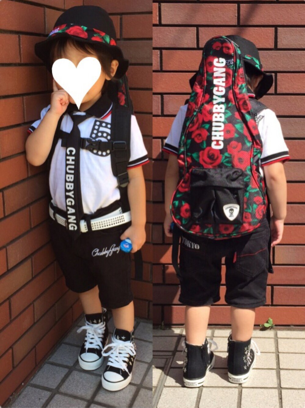 「チャビーギャング、chubby、chubbygang、男の子コーデ、男の子ファッション、ネクタイ、キッズコーデ、キッズファッション」｜「CHUBBYGANGのアイテム（ハット、ブラック系）」を使った、kurukanaさん（キッズ・90cm）の夏コーディネートの1枚目の写真