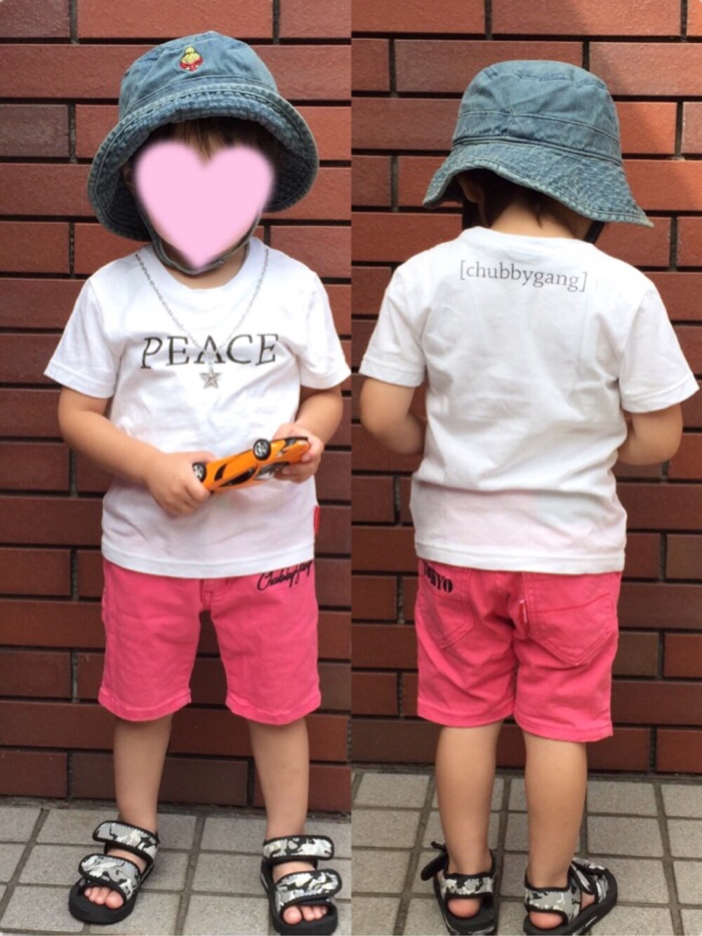 「チャビーギャング、chubbygang、chubby、息子コーデ、キッズコーデ、キッズファッション、男の子コーデ、男の子ファッション」｜「HYSTERIC MINIのデニムハット（ハット、ブルー系）」を使った、kurukanaさん（キッズ・90cm）の夏コーディネートの1枚目の写真