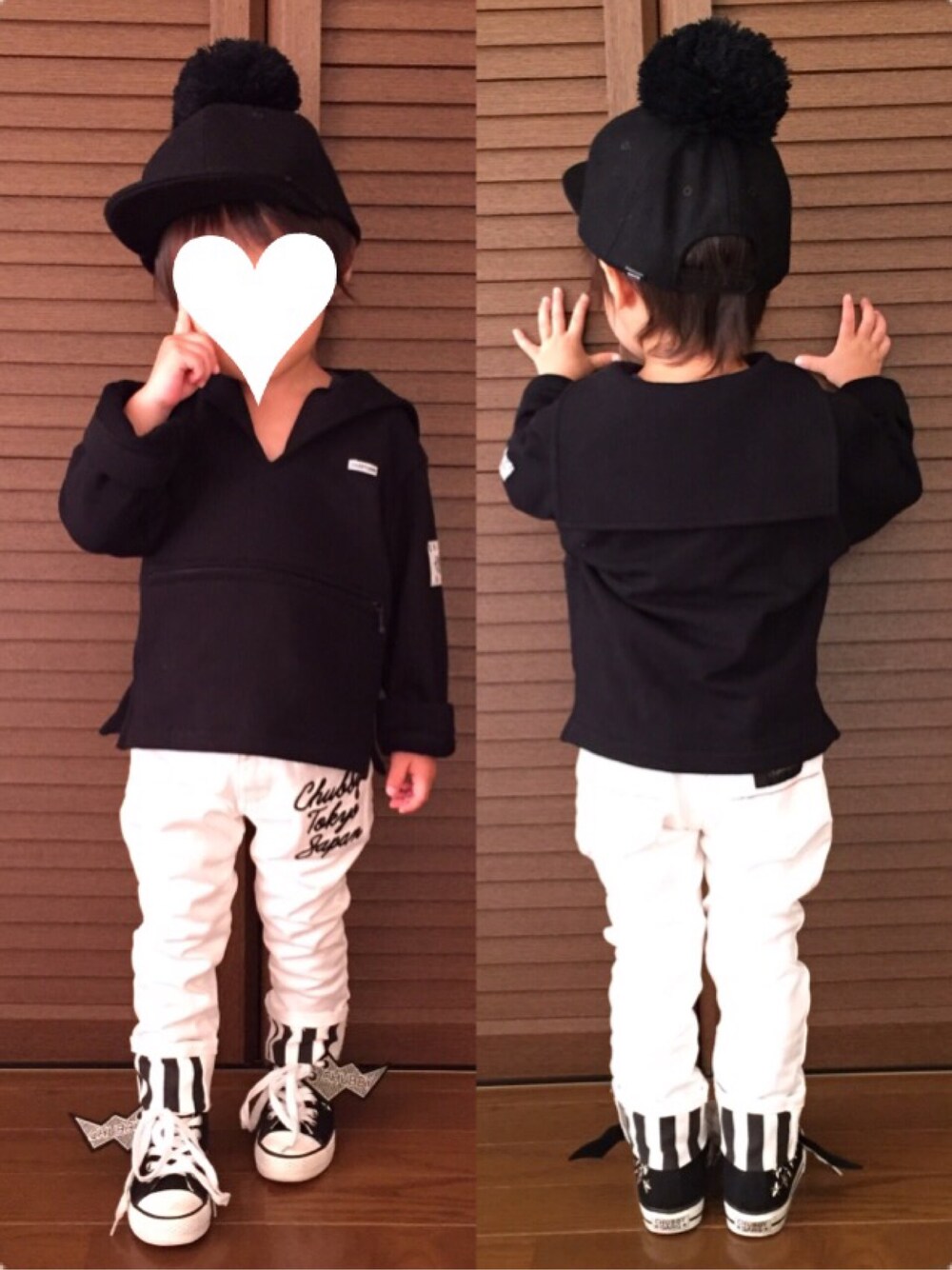 「チャビーギャング、chubbygang、petit main、男の子、男の子コーデ、息子、息子コーデ、ポンポン帽子」｜「petit mainのボンボン付きキャップ（キャップ、ブラック系）」を使った、kurukanaさん（キッズ・90cm）の夏コーディネートの1枚目の写真