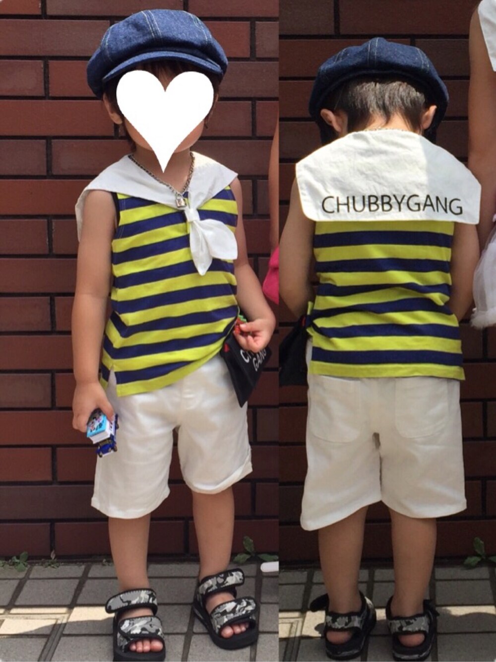 「チャビーギャング、chubbygang、プティマイン、petit main、男の子コーデ、男の子、セーラーカラー、セーラー」｜「petit mainのデニムキャスケット（キャスケット、ブルー系）」を使った、kurukanaさん（キッズ・90cm）の夏コーディネートの1枚目の写真