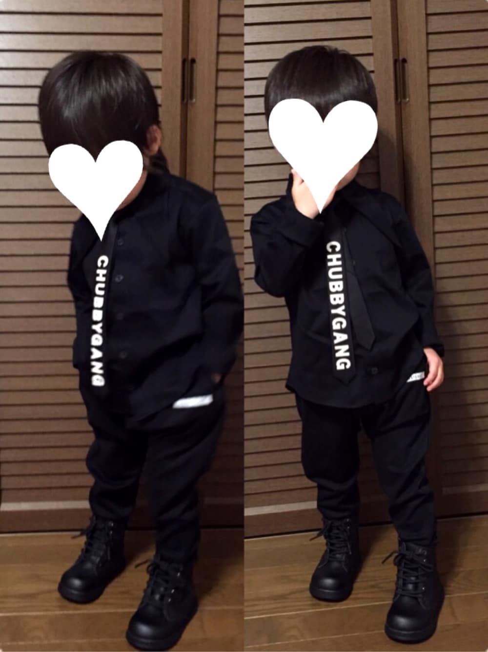 「chubbygang、チャビーギャング、ネクタイ、ブラックコーデ、キッズコーデ、男の子コーデ、男の子、モード」｜「CHUBBYGANGのアイテム（シャツ/ブラウス、ブラック系）」を使った、kurukanaさん（キッズ・90cm）の秋コーディネートの1枚目の写真