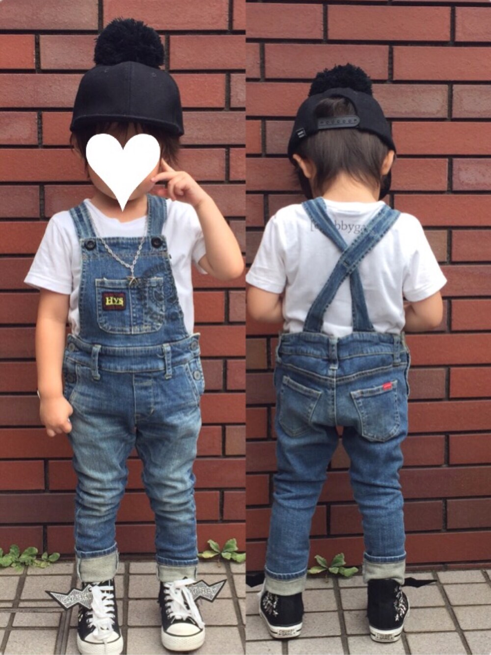 「チャビーギャング、chubbygang、男の子、男の子コーデ、キッズコーデ、キッズファッション、プティマイン、petit main、ヒスミニ、ヒステリックミニ」｜「petit mainのボンボン付きキャップ（キャップ、ブラック系）」を使った、kurukanaさん（キッズ・90cm）の秋コーディネートの1枚目の写真