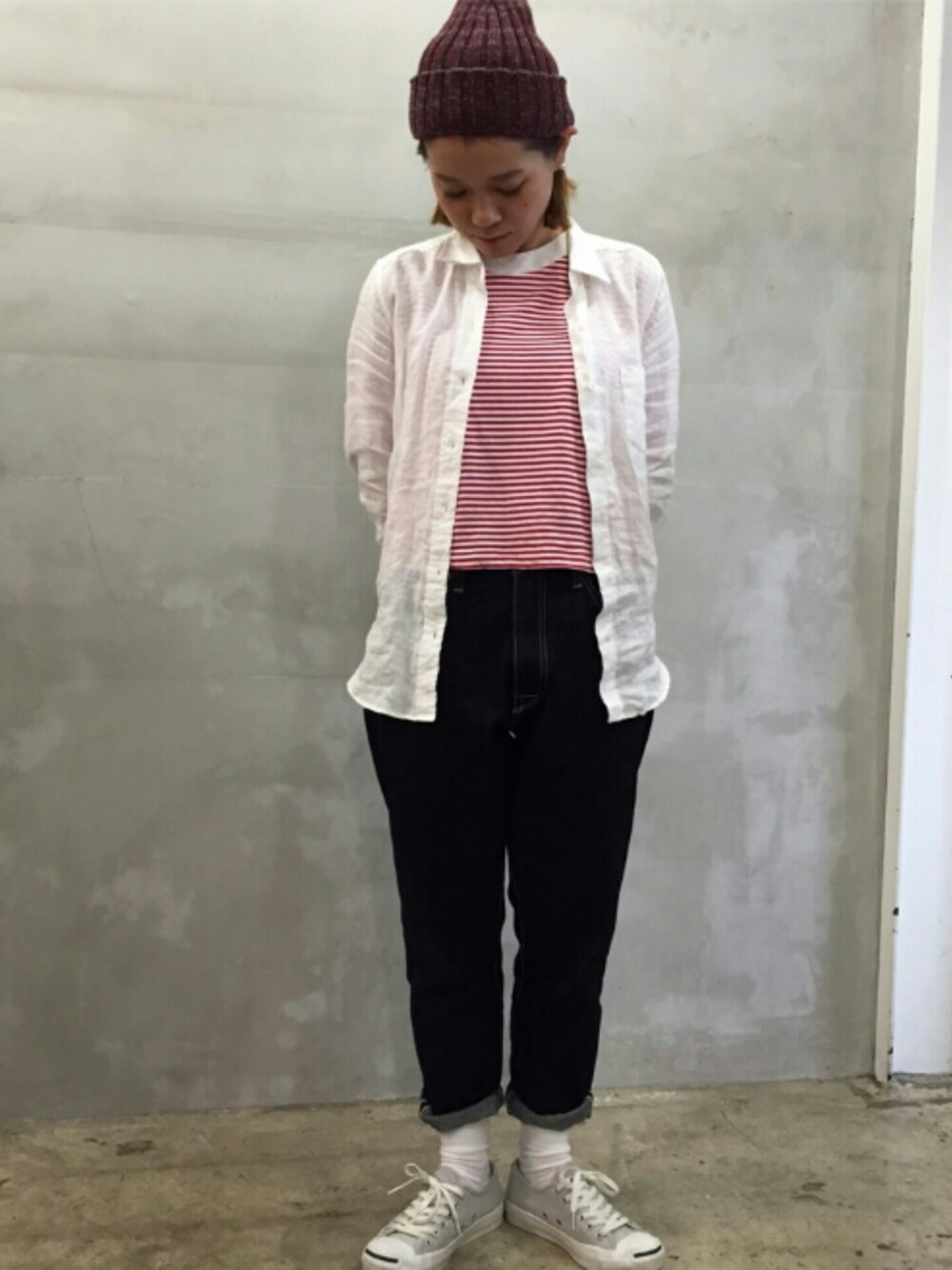 「春コーデ、ironari、CONVERS、jack purcell、αデニム」｜「ironariのアイテム（デニムパンツ、ブルー系）」を使った、yuuu... さん（レディース・153cm）の春コーディネートの1枚目の写真