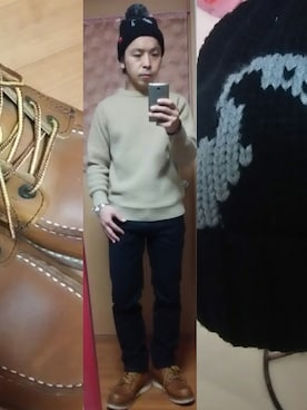 「CHUMS（チャムス）のアイテム（ニットキャップ/ビーニー）」を使った、okuさん（メンズ・158cm）の冬コーディネート