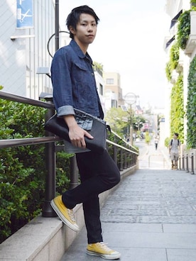 「ARMANI EXCHANGE（アルマーニエクスチェンジ）のアイテム（デニムジャケット）」を使った、mauuyyuuさん（メンズ・174cm）の春コーディネート