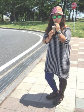 「ALDIES（アールディーズ）のBorder OP ボーダーワンピース（ワンピース、ブラック系）」を使った、きのぴーさん（レディース・158cm）の春コーディネート