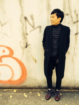 「RAF SIMONS（ラフシモンズ）のアイテム（チェスターコート）」を使った、akihitoさん（メンズ・173cm）の冬コーディネート