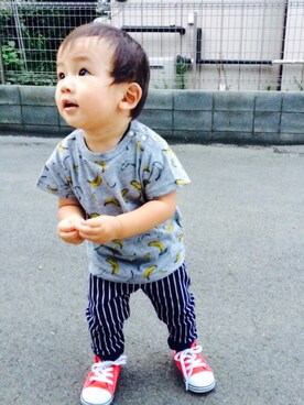 「MARKEY'S（マーキーズ）のアイテム（Tシャツ/カットソー、グレー系）」を使った、kaedeさん（キッズ・90cm）の夏コーディネート
