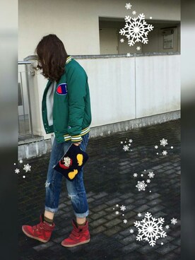 「Rodeo Crowns（ロデオクラウンズ）のアイテム（スタジャン）」を使った、レオンママさん（レディース・153cm）の冬コーディネート