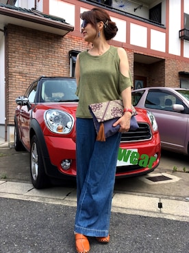 「earth music&ecology（アースミュージックアンドエコロジー）のアイテム（クラッチバッグ）」を使った、レオンママさん（レディース・153cm）の夏コーディネート