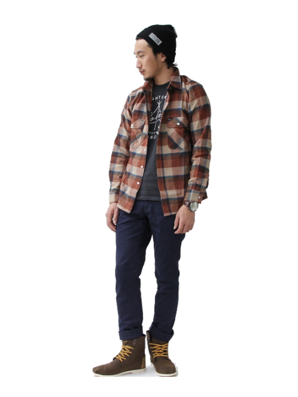 「チェックシャツ、ニット帽、toms、brixton、ビーニー、poler、編み上げブーツ」｜「Aの【SALE】《15%OFF》 Men's Utility Boots (Rust Aviator Twill)（Tシャツ/カットソー、その他）」を使った、HOODさん（メンズ・174cm）の秋コーディネートの1枚目の写真