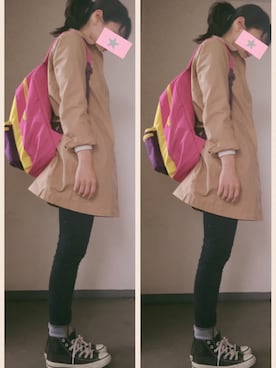 「ポニーテール」｜「アイテム（ステンカラーコート）」を使った、miii♡さん（レディース・157cm）の春コーディネート