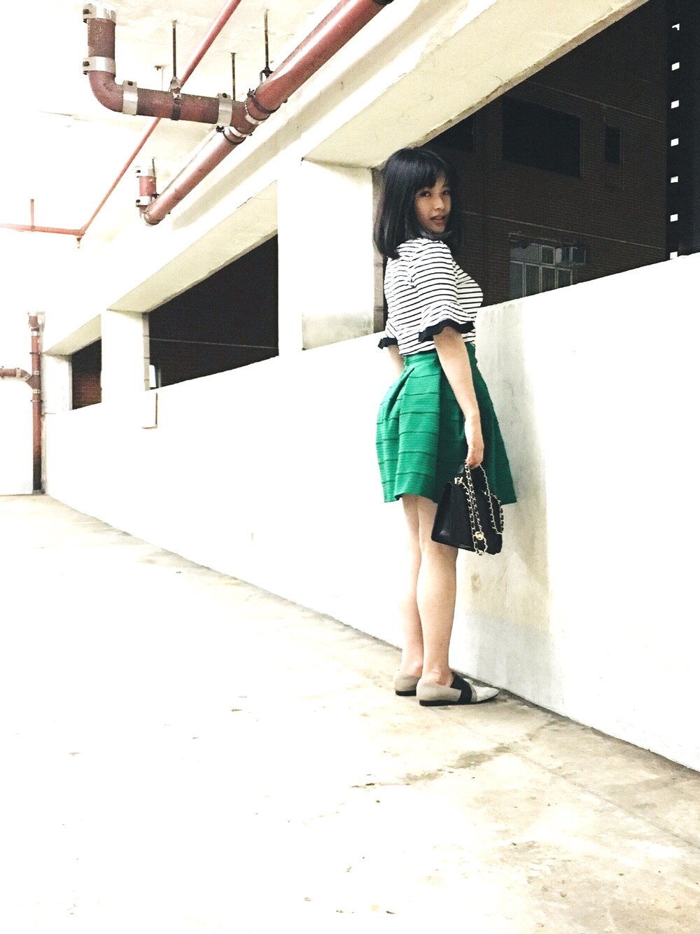 「夏、green、skirt、H&M、FOREVER 21、STYLE、summer、street、Hong Kong」｜「H&Mのアイテム（スカート、グリーン系）」を使った、Yulian Cさん（レディース・153cm）の夏コーディネートの1枚目の写真