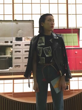 「LouisVuitton」｜「アイテム（ライダースジャケット）」を使った、Mina Kayamaさん（レディース・161cm）の春コーディネート