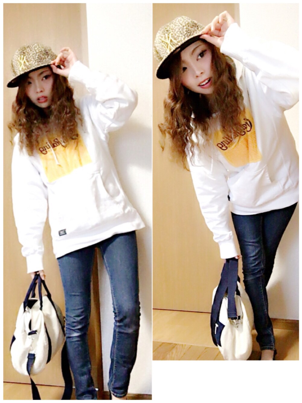 イエロー系のスニーカー、ホワイト系のパーカー、ベージュ系のメッセンジャーバッグを着用したレディースの冬コーディネートの1枚目の写真