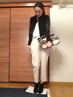 「ストライプパンツ」｜「アイテム（スタジャン）」を使った、chima*さん（レディース・165cm）の冬コーディネート