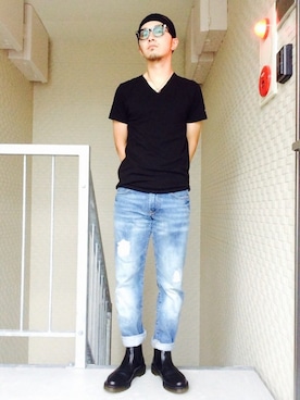 「無地党」｜「アイテム（ブーツ）」を使った、はるさん（メンズ・167cm）の夏コーディネート