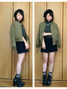 「ソックス」｜「アイテム（ノーカラージャケット）」を使った、satomiさん（レディース・155cm）の秋コーディネート