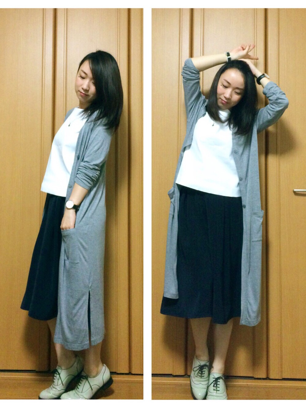 グレー系のその他アウター、ブルー系のその他パンツ、ホワイト系のその他シューズを着用したレディースの秋コーディネートの1枚目の写真