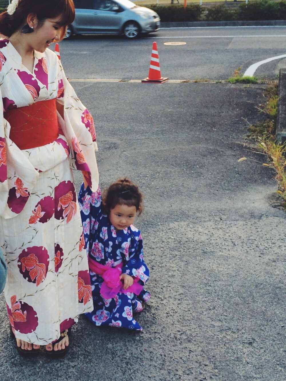 「浴衣、お祭り、キッズコーデ、親子コーデ、女の子、花火大会、キッズ」｜「⁇のアイテム（浴衣、その他）」を使った、maomai1120さん（キッズ・90cm）の夏コーディネートの1枚目の写真