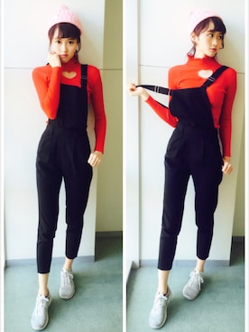 「red」｜「アイテム（サロペット/オーバーオール）」を使った、Pinkさん（レディース・166cm）の冬コーディネート