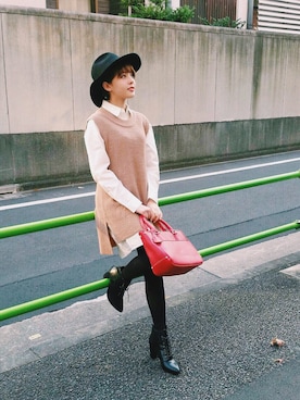 「アイテム（ボストンバッグ、レッド系）」を使った、加藤ナナ（加藤ちゃん）さん（レディース・160cm）の冬コーディネート