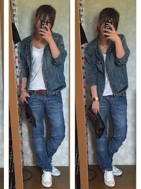 「Ungrid（アングリッド）の 【Casual】ｳﾞｨﾝﾃｰｼﾞGｼﾞｬﾝ （デニムジャケット）」を使った、erina さん（レディース・165cm）の秋コーディネート