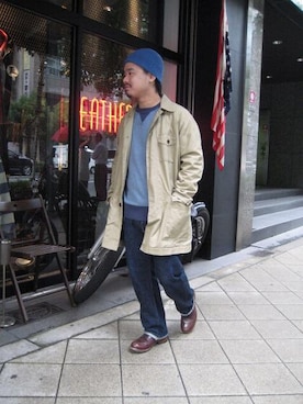 「schott（ショット）のアイテム（ステンカラーコート）」を使った、wakiさん（メンズ・165cm）の秋コーディネート