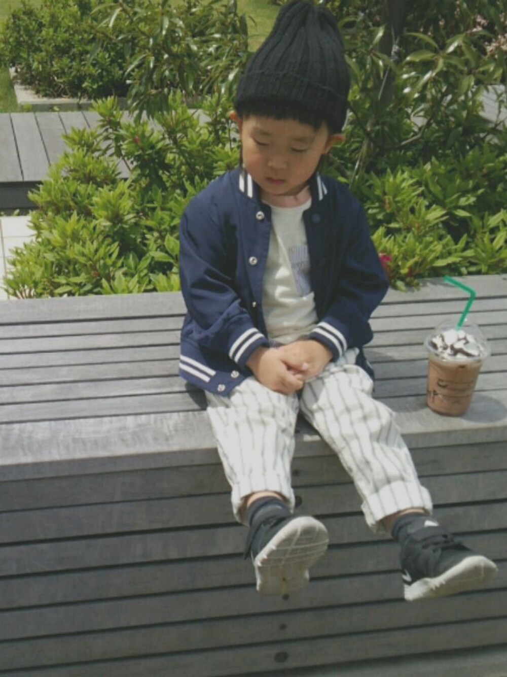 「ニット帽、男の子、kidsfashion、春コーデ」｜「apres les coursのリブニットキャップ（ニットキャップ/ビーニー、ブラック系）」を使った、chanco16さん（キッズ・90cm）の春コーディネートの1枚目の写真