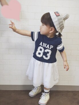 「F.O.KIDS（エフオーキッズ）のサマーニットキャップ（ハット、グレー系）」を使った、Ｓeｒa◡̈♥︎さん（キッズ・90cm）の夏コーディネート