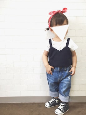 「petit main（プティマイン）の無地キャミソール×フリルつきハイネックTシャツセット（Tシャツ/カットソー、ブルー系）」を使った、Ｓeｒa◡̈♥︎さん（キッズ・90cm）の夏コーディネート