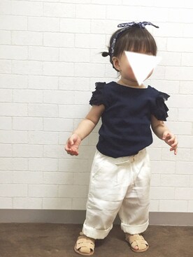 「petit main（プティマイン）の袖チュール半袖Ｔシャツ（Tシャツ/カットソー、ブルー系）」を使った、Ｓeｒa◡̈♥︎さん（キッズ・90cm）の夏コーディネート