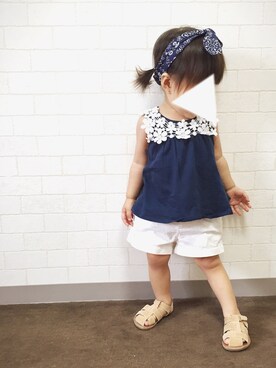 「Handmade（ハンドメイド）のアイテム（ヘアバンド、ブルー系）」を使った、Ｓeｒa◡̈♥︎さん（キッズ・90cm）の夏コーディネート