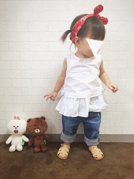 「petit main（プティマイン）のサイドリボン付き裾ペプラムチュニック（チュニック、ホワイト系）」を使った、Ｓeｒa◡̈♥︎さん（キッズ・90cm）の夏コーディネート