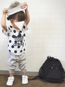 「F.O.KIDS（エフオーキッズ）のサマーニットキャップ（ハット、グレー系）」を使った、Ｓeｒa◡̈♥︎さん（キッズ・90cm）の夏コーディネート