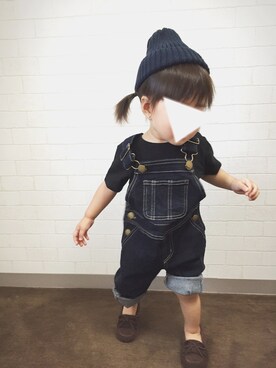 「petit main（プティマイン）のロゴパッチつきリブニット帽（ニットキャップ/ビーニー、ブルー系）」を使った、Ｓeｒa◡̈♥︎さん（キッズ・90cm）の秋コーディネート