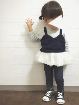 「petit main（プティマイン）の無地キャミソール×フリルつきハイネックTシャツセット（Tシャツ/カットソー、ブルー系）」を使った、Ｓeｒa◡̈♥︎さん（キッズ・90cm）の秋コーディネート