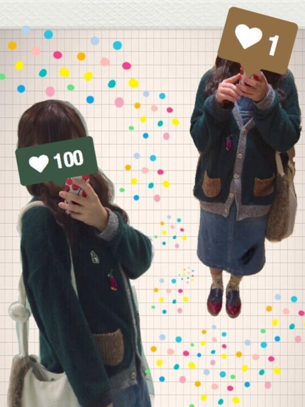 ブルー系のサロペット/オーバーオール、グリーン系のカーディガン/ボレロ、レッド系のその他シューズを着用したレディースの冬コーディネートの1枚目の写真