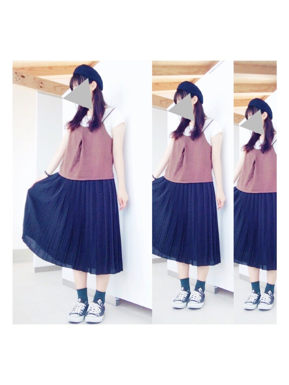 ブラウン系のキャミソール、ブラック系のスニーカー、ブラック系のスカートを着用したレディースの秋コーディネートの1枚目の写真