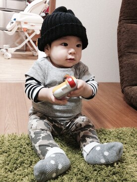 「ボーダーTシャツ」｜sopi0518さん（キッズ・70cm）の冬コーディネート