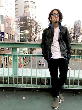 「アイテム（ライダースジャケット）」を使った、Shinoさん（メンズ・170cm）の冬コーディネート