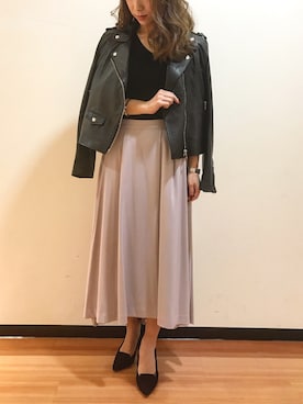 「アシンメトリー」｜「アイテム（ライダースジャケット）」を使った、yurikoさん（レディース・153cm）の冬コーディネート