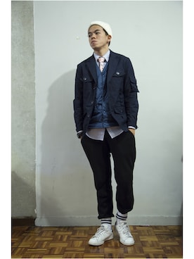 「DEMARCOLAB（デマルコラブ）のアイテム（ニットキャップ/ビーニー）」を使った、Wall of Sound さん（メンズ・172cm）の冬コーディネート